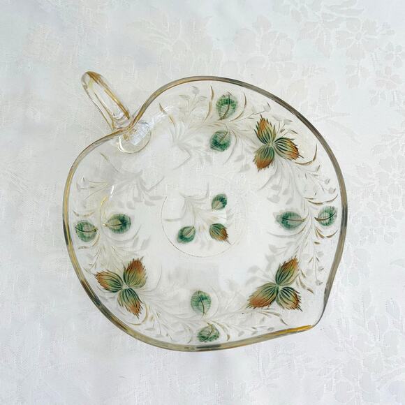 Antique Moser Bohemian Etched Glass Nappy Dish Handle Spout Gold Gilt Heart - Picture 2 of 11